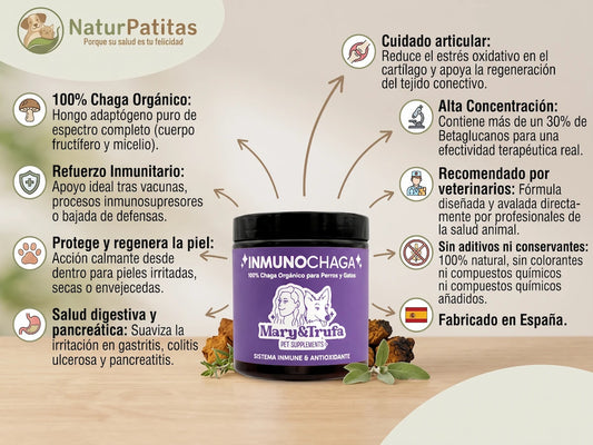 Suplemento 100% Chaga Orgánico INMUNOMODULADOR + ANTIINFLAMATORIO + DIGESTIVO + ARTICULAR para Perro y Gato (también Esterilizado)