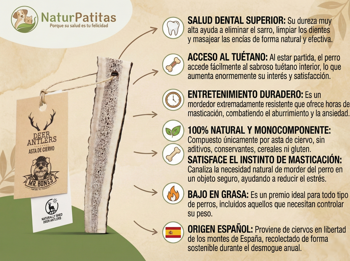 Mordedor Natural de Asta de Ciervo Partida "SIN CEREALES + SALUD DENTAL & ENTRENAMIENTO" para Perro Adulto/Senior