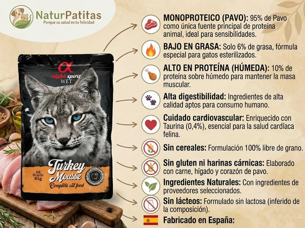 Mousse Completo de Pavo SIN CEREALES + DIGESTIÓN SUAVE y CONTROL DE PESO para Gato Adulto/Senior (también Esterilizado)