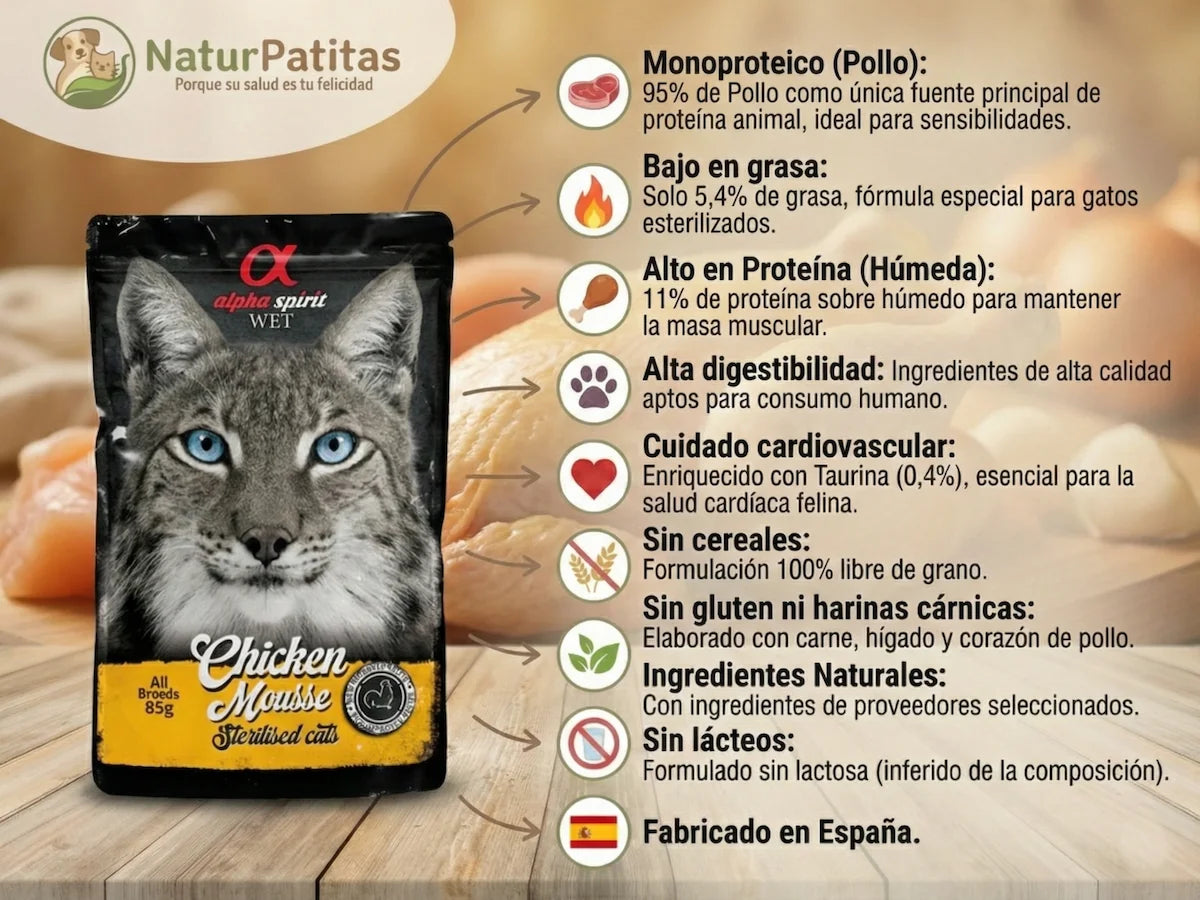 Comida húmeda tipo mousse de 95% Pollo monoproteico para Gato esterilizado