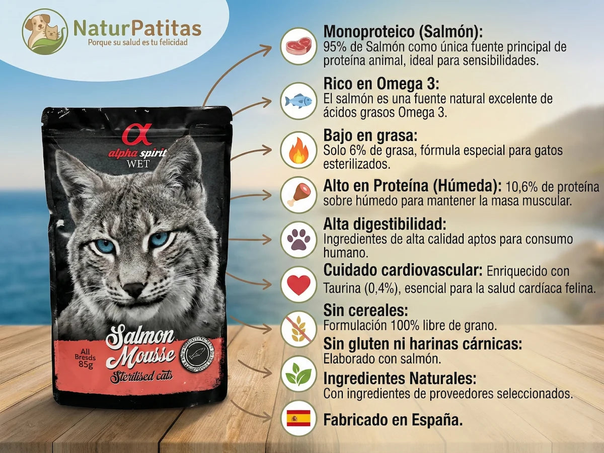 Comida húmeda tipo mousse de 95% Salmón monoproteico para Gato esterilizado rica en Omega 3