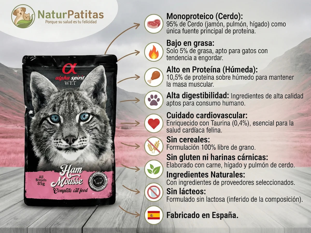 Comida húmeda tipo mousse de 95% Cerdo y Jamón monoproteico para Gato