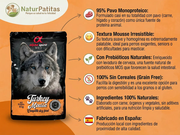 Mousse Completo de Pavo SIN CEREALES + DIGESTIÓN ACTIVA y VITALIDAD para Perro Adulto/Senior (también Esterilizado) cualquier tamaño