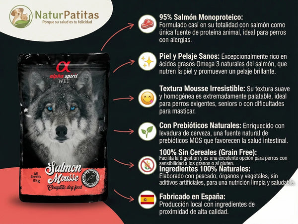 Mousse Completo de Salmón SIN CEREALES + PIEL y PELO ÓPTIMO y DIGESTIÓN ACTIVA para Perro Adulto/Senior (también Esterilizado) cualquier tamaño