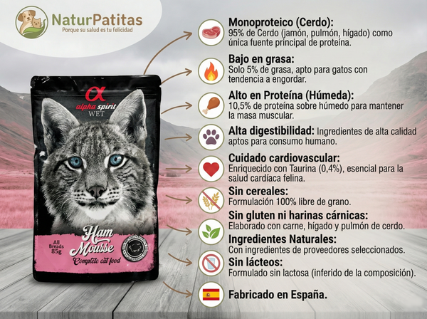 Mousse de Jamón "SIN CEREALES + CONTROL PESO & REFUERZO INMUNITARIO" para Gato Adulto/Senior también Esterilizado