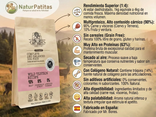 Infografía de beneficios Mr. Bones Dry Barf Ciervo: multiproteico, 63% proteína, sin cereales (grain free), secado al aire y fabricado en España.