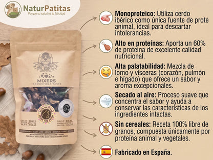 Snack, Mixer y Topper Complementario Deshidratado de Cerdo Ibérico SIN CEREALES + ALTA DIGESTIBILIDAD y HIPOALERGÉNICO para Perro y Gato de Todas las Edades (también Esterilizados)