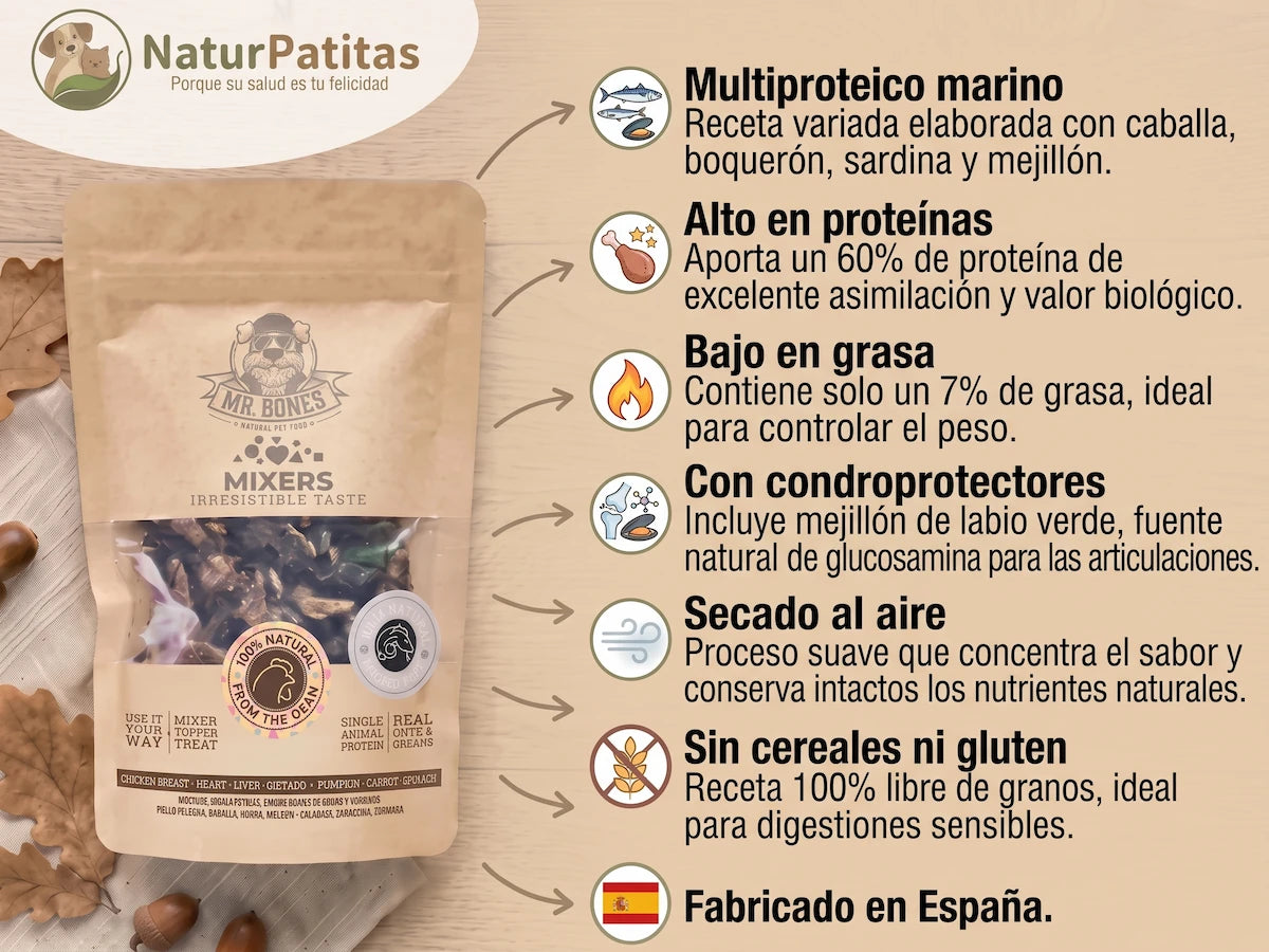 Snack, Mixer y Topper Complementario Deshidratado de Pescado y Mejillón SIN CEREALES + CUIDADO ARTICULAR y CONTROL DE PESO para Perro y Gato de Todas las Edades (también Esterilizados)
