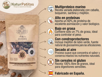 Snack, Mixer y Topper Complementario Deshidratado de Pescado y Mejillón SIN CEREALES + CUIDADO ARTICULAR y CONTROL DE PESO para Perro y Gato de Todas las Edades (también Esterilizados)