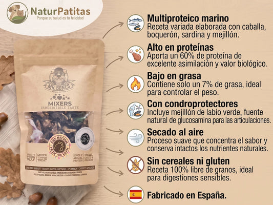 Snack, Mixer y Topper Complementario Deshidratado de Pescado y Mejillón SIN CEREALES + CUIDADO ARTICULAR y CONTROL DE PESO para Perro y Gato de Todas las Edades (también Esterilizados)