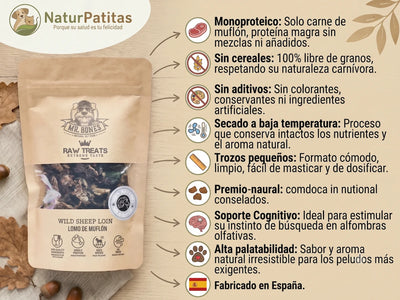 Infografía en NaturPatitas de los snacks naturales para perros Mr. Bones Lomo de Muflón. Detalla sus beneficios visualmente: premios monoproteicos de carne magra, sin cereales ni aditivos, secados a baja temperatura en trozos pequeños, ideales para estimulación cognitiva y fabricados en España.
