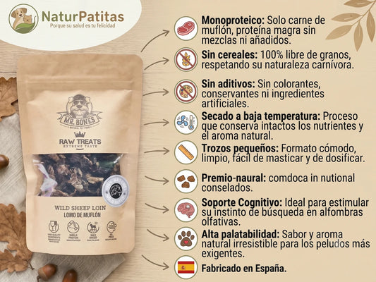 Infografía en NaturPatitas de los snacks naturales para perros Mr. Bones Lomo de Muflón. Detalla sus beneficios visualmente: premios monoproteicos de carne magra, sin cereales ni aditivos, secados a baja temperatura en trozos pequeños, ideales para estimulación cognitiva y fabricados en España.