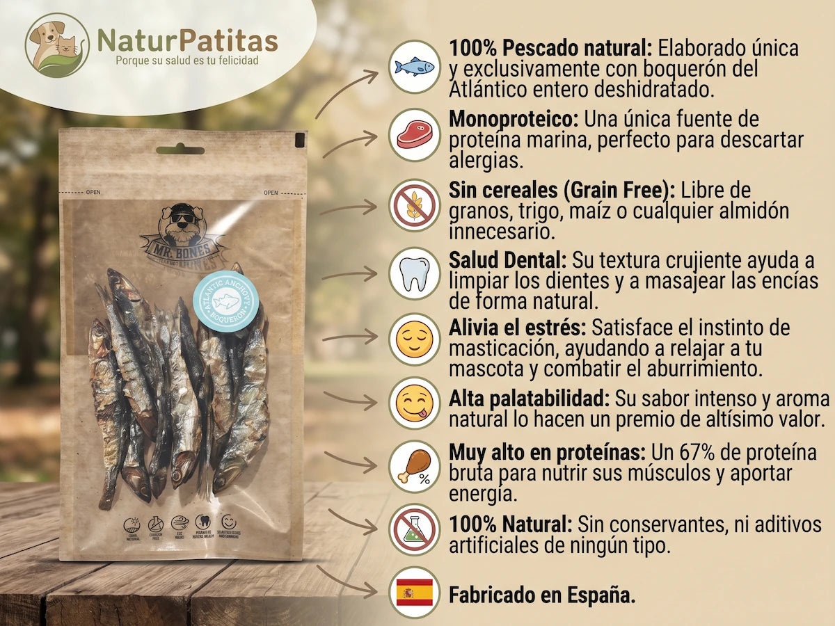 Snack Complementario Funcional Deshidratado de Boquerón SIN CEREALES + SALUD DENTAL y CUIDADO ARTICULAR para Perro y Gato de Todas las Edades y Tamaños (también Esterilizados)
