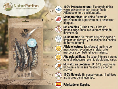 Snack Complementario Funcional Deshidratado de Boquerón SIN CEREALES + SALUD DENTAL y CUIDADO ARTICULAR para Perro y Gato de Todas las Edades y Tamaños (también Esterilizados)
