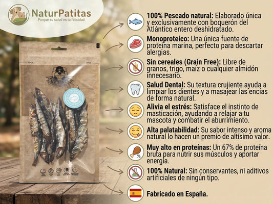 Snack Complementario Funcional Deshidratado de Boquerón SIN CEREALES + SALUD DENTAL y CUIDADO ARTICULAR para Perro y Gato de Todas las Edades y Tamaños (también Esterilizados)