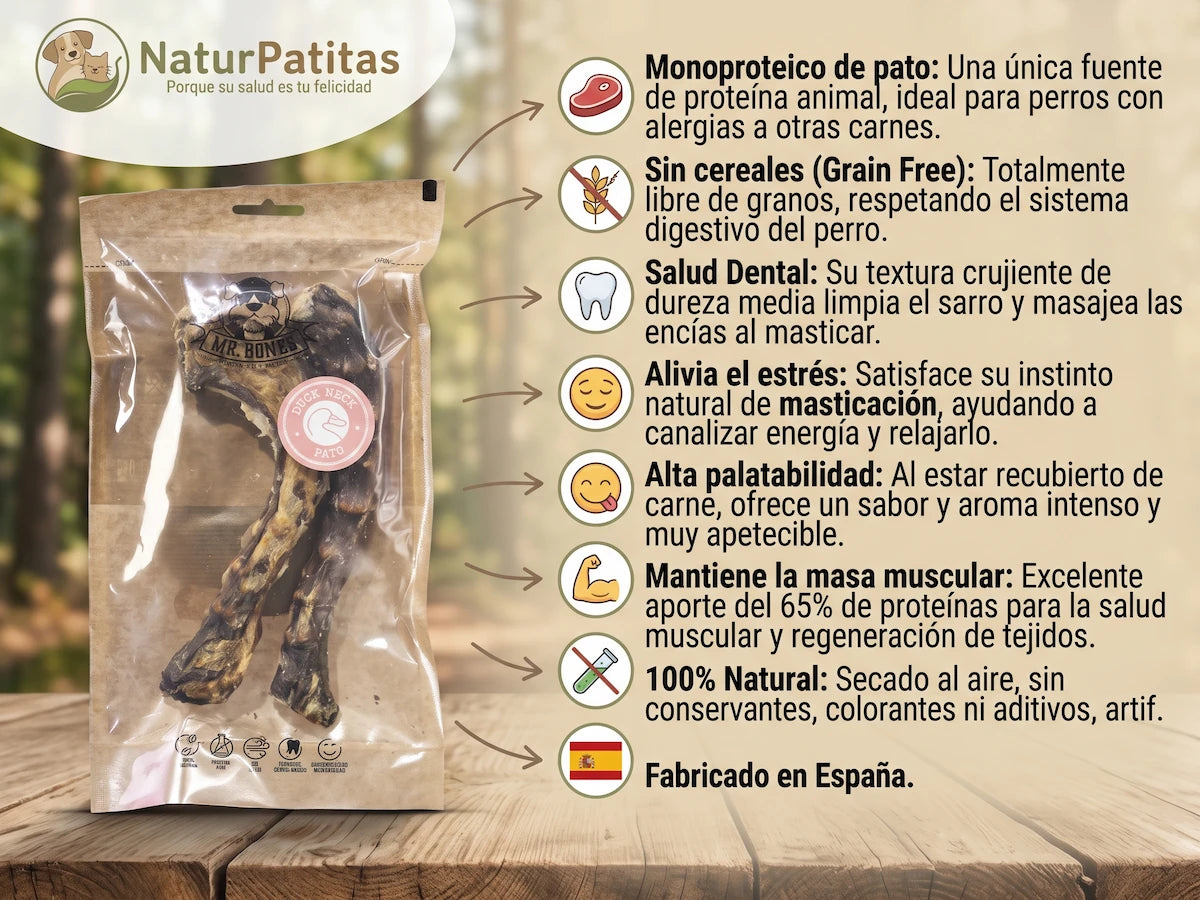 Snack Funcional Deshidratado de Cuello de Pato SIN CEREALES + SALUD DENTAL y CUIDADO ARTICULAR para Perro de Todas las Edades y Tamaños (también Esterilizado)