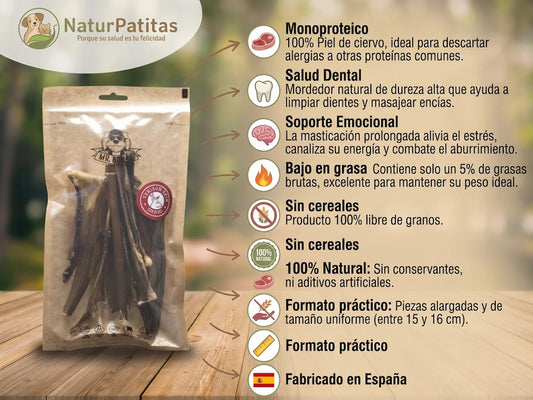 Infografía del mordedor natural de piel de ciervo para perros Mr. Bones en NaturPatitas. Muestra el envase sobre una mesa de madera y sus ventajas: producto monoproteico, cuidado dental, anti-estrés, bajo en grasa, sin aditivos y fabricado en España.