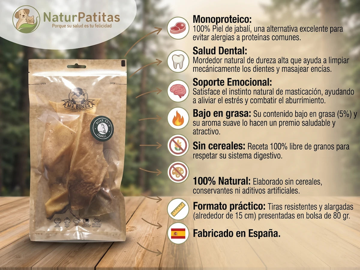 Snack Complementario Funcional Deshidratado Piel de Jabalí SIN CEREALES + SALUD DENTAL y SOPORTE EMOCIONAL para Perro Junior/Adulto/Senior (también Esterilizado) tamaño Mediano/Grande/Gigante