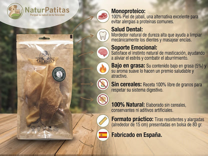 Snack Complementario Funcional Deshidratado Piel de Jabalí SIN CEREALES + SALUD DENTAL y SOPORTE EMOCIONAL para Perro Junior/Adulto/Senior (también Esterilizado) tamaño Mediano/Grande/Gigante