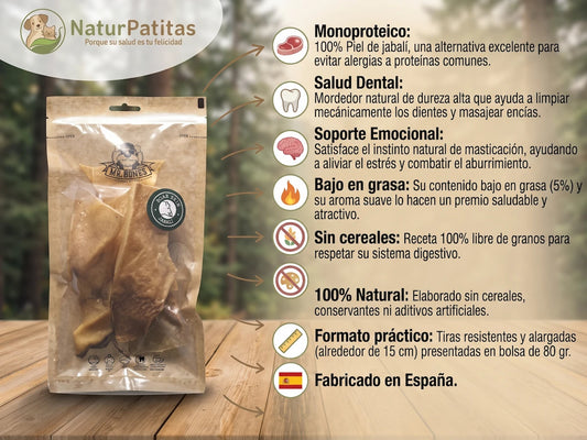 Snack Complementario Funcional Deshidratado Piel de Jabalí SIN CEREALES + SALUD DENTAL y SOPORTE EMOCIONAL para Perro Junior/Adulto/Senior (también Esterilizado) tamaño Mediano/Grande/Gigante