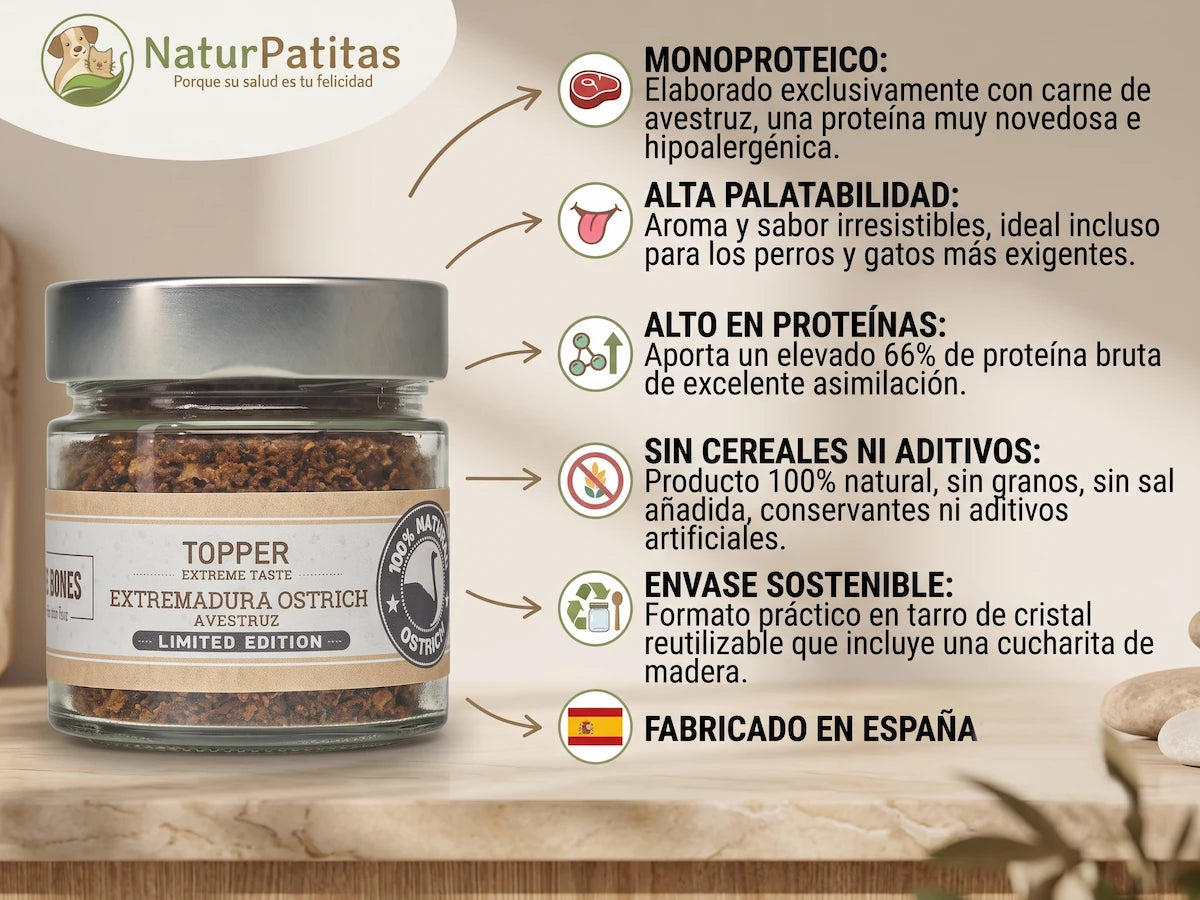Topper Funcional Aderezo de Avestruz SIN CEREALES + ALTA DIGESTIBILIDAD e HIPOALERGÉNICO para Perro y Gato (también Esterilizado)