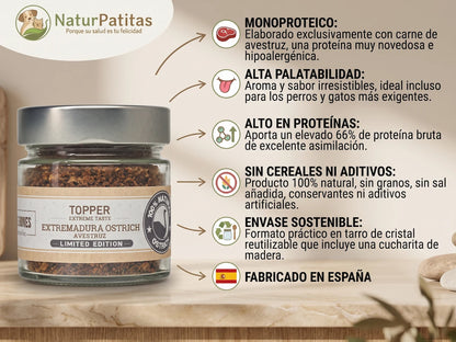 Topper Funcional Aderezo de Avestruz SIN CEREALES + ALTA DIGESTIBILIDAD e HIPOALERGÉNICO para Perro y Gato (también Esterilizado)