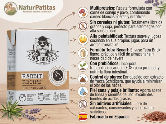Comida Cocinada de Conejo y Pavo SIN CEREALES + CUIDADO DIGESTIVO y CUIDADO DE LA PIEL para Perro de Todas las Etapas y Tamaños (también Esterilizados)