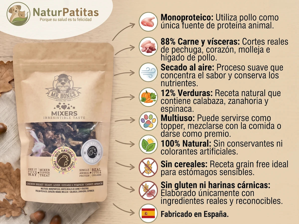 Snack, Mixer y Topper Complementario Deshidratado de Pollo SIN CEREALES + ALTA DIGESTIBILIDAD y ESTÓMAGOS SENSIBLES para Perro y Gato de Todas las Edades (también Esterilizados)