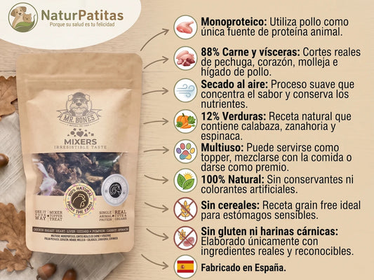 Snack, Mixer y Topper Complementario Deshidratado de Pollo SIN CEREALES + ALTA DIGESTIBILIDAD y ESTÓMAGOS SENSIBLES para Perro y Gato de Todas las Edades (también Esterilizados)