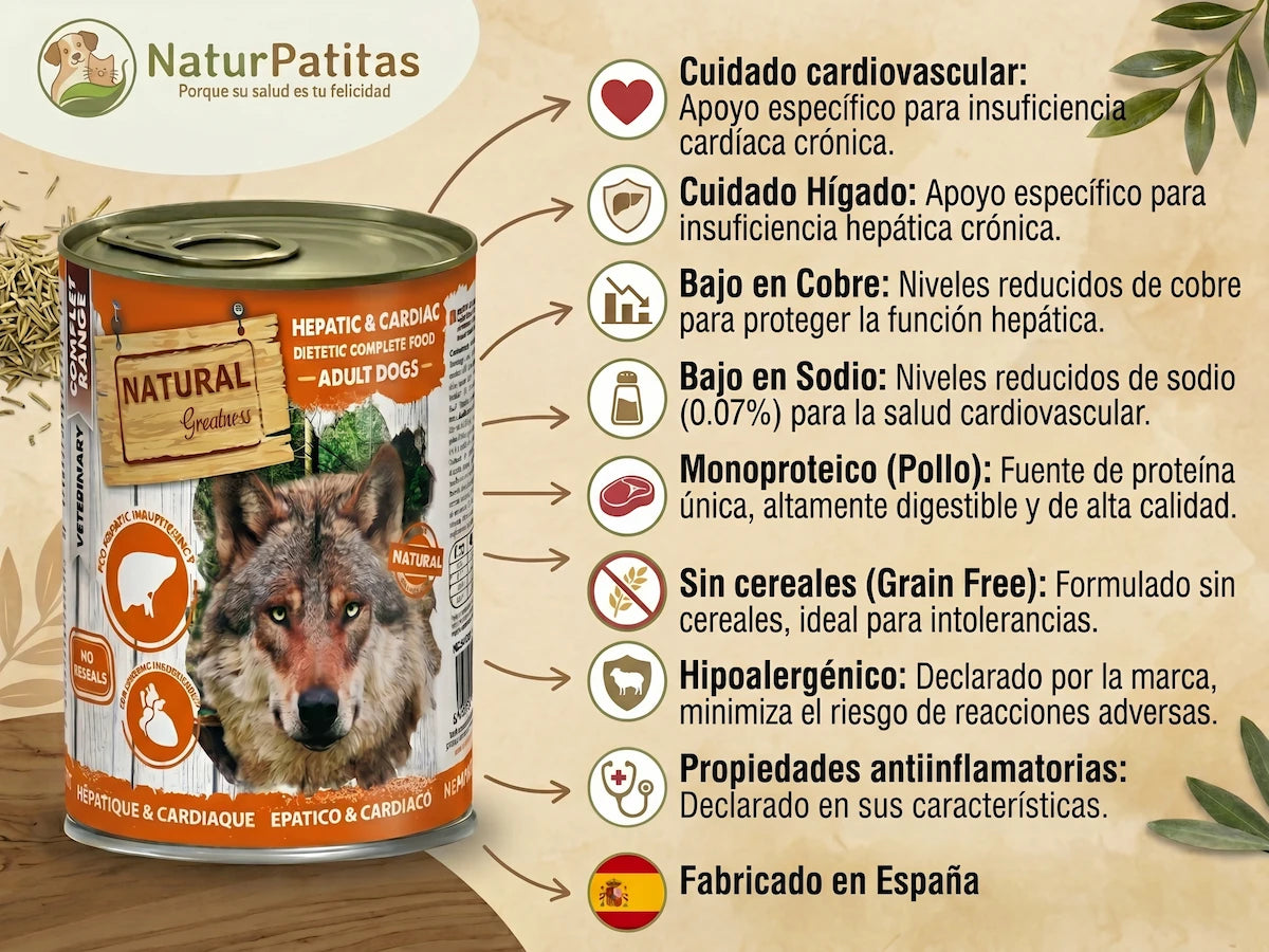 Lata de comida húmeda veterinaria Natural Greatness Hepatic & Cardiac para perros adultos. Dieta completa sin cereales, hipoalergénica y fabricada en España para el cuidado cardíaco y hepático.