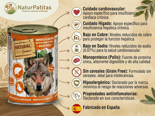 Lata de comida húmeda veterinaria Natural Greatness Hepatic & Cardiac para perros adultos. Dieta completa sin cereales, hipoalergénica y fabricada en España para el cuidado cardíaco y hepático.