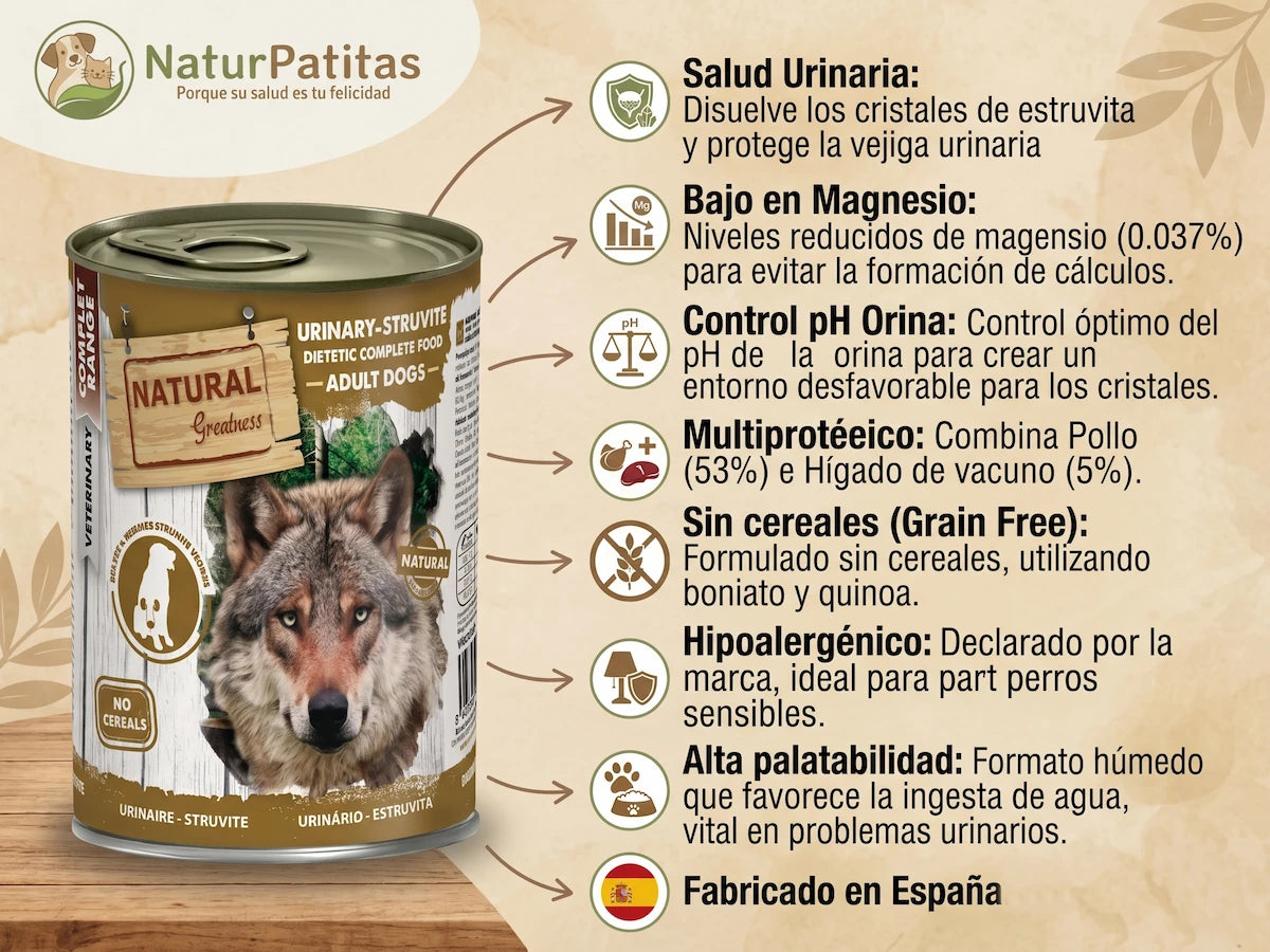 Lata de comida húmeda veterinaria Natural Greatness Urinary-Struvite para perros adultos. Infografía de NaturPatitas mostrando los beneficios: disuelve cristales de estruvita, bajo en magnesio, control de pH, sin cereales e hipoalergénico. Fabricado en España.