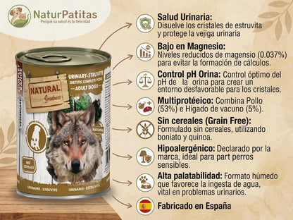 Lata de comida húmeda veterinaria Natural Greatness Urinary-Struvite para perros adultos. Infografía de NaturPatitas mostrando los beneficios: disuelve cristales de estruvita, bajo en magnesio, control de pH, sin cereales e hipoalergénico. Fabricado en España.
