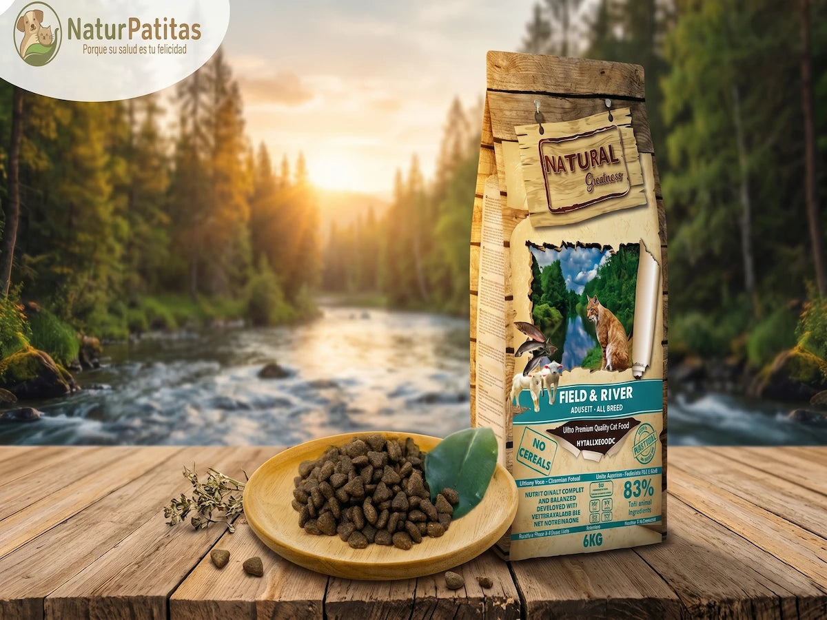 Una escena fotorrealista y soleada de una cocina rústica sobre una encimera de madera desgastada. A la derecha, una bolsa de comida para gatos Natural Greatness Field & River, escalada, se asienta sobre la encimera. En primer plano a la izquierda, hay un tazón de madera lleno de croquetas de comida seca para gatos, con una sola hoja verde encima. El fondo es un gran estante de madera que contiene docenas de frascos de vidrio transparentes con varios ingredientes secos y especias, junto con un mortero y mano