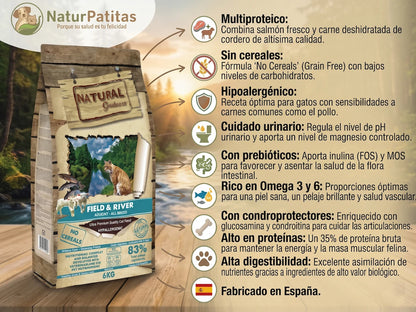 Un primer plano detallado del empaque de una bolsa de 6 kg de comida para gatos "Natural Greatness", sabor "Field & River" (Campo y Río). La bolsa tiene un diseño rústico de madera e ilustraciones de un lince, peces saltando y ovejas en un paisaje de río y bosque. El texto en la bolsa destaca "Field & River" y "No Cereals" (Sin Cereales). La bolsa está colocada en un muelle de madera con un bosque desenfocado y un atardecer sobre un río de fondo. El logo de "NaturPatitas" está en la esquina superior izquier