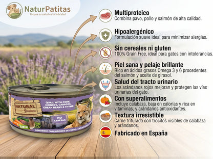 Paté Completo de Codorniz y Cerdo SIN CEREALES + SALUD URINARIA y CONTROL DE PESO para Gato Adulto (también Esterilizado)