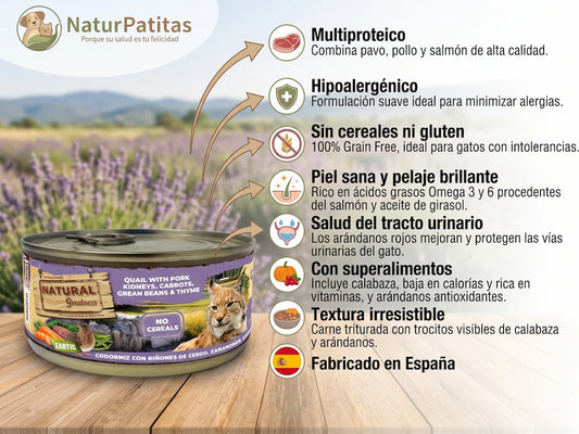 Paté Completo de Codorniz y Cerdo SIN CEREALES + SALUD URINARIA y CONTROL DE PESO para Gato Adulto (también Esterilizado)