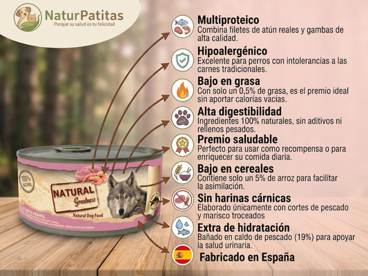 Migas de Atún y Gambas BAJO EN CEREALES + CONTROL DE PESO y PIEL Y PELAJE para Perro Adulto/Senior Cualquier Tamaño (también Esterilizado)