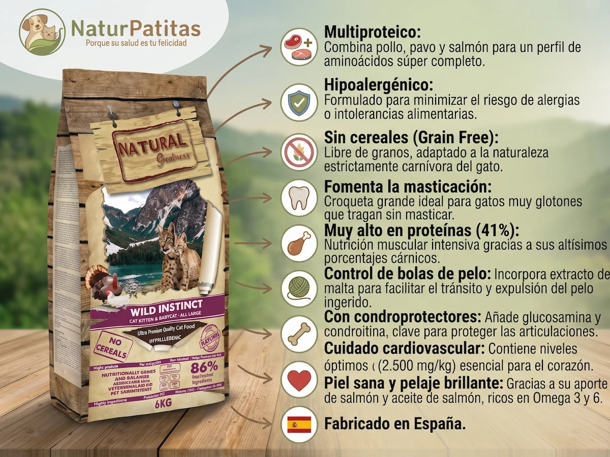 Pienso de Pollo, Pavo y Salmón SIN CEREALES + CONTROL DE BOLAS DE PELO y CUIDADO ARTICULAR para Gato Cualquier Edad Raza Grande (También Esterilizados)