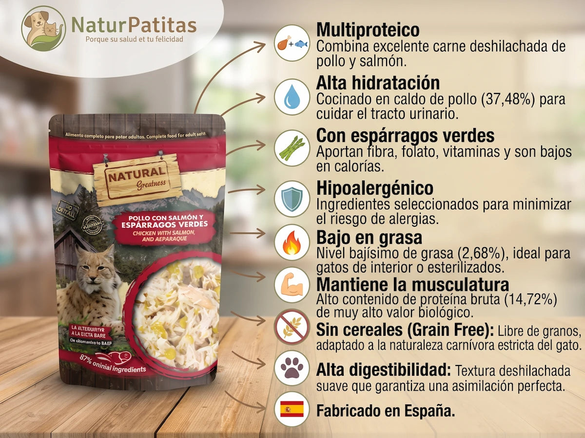 Carne Deshilachada de Pollo y Salmón SIN CEREALES + SALUD DIGESTIVA y CONTROL DE PESO para Gato Adulto/Senior (también Esterilizado)