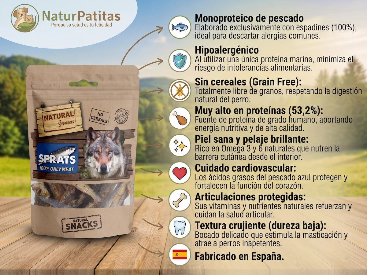 Snack Complementario de Espadines SIN CEREALES + PIEL Y PELAJE y CUIDADO ARTICULAR para Perro Junior/Adulto/Senior de Todos los Tamaños (también Esterilizado)