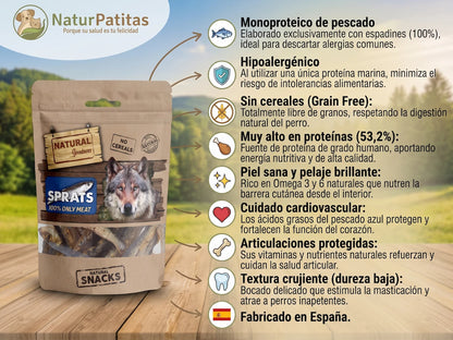 Snack Complementario de Espadines SIN CEREALES + PIEL Y PELAJE y CUIDADO ARTICULAR para Perro Junior/Adulto/Senior de Todos los Tamaños (también Esterilizado)