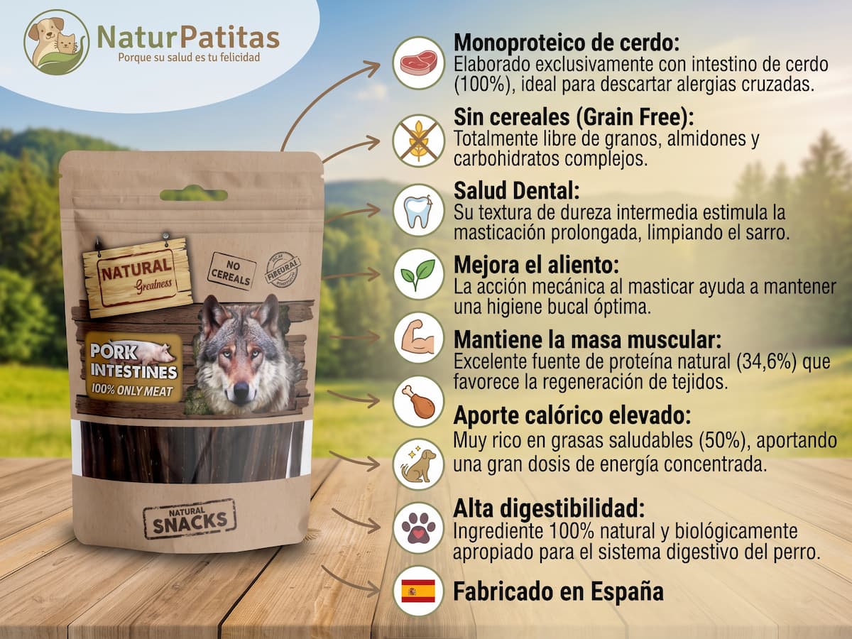 Snack Complementario de Intestino de Cerdo SIN CEREALES + SALUD DENTAL y ESTÓMAGO SENSIBLE para Perro Junior/Adulto/Senior de Todos los Tamaños (también Esterilizado)