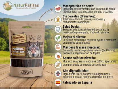 Snack Complementario de Intestino de Cerdo SIN CEREALES + SALUD DENTAL y ESTÓMAGO SENSIBLE para Perro Junior/Adulto/Senior de Todos los Tamaños (también Esterilizado)
