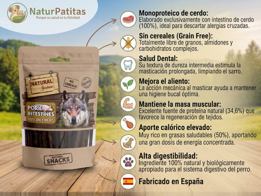 Snack Complementario de Intestino de Cerdo SIN CEREALES + SALUD DENTAL y ESTÓMAGO SENSIBLE para Perro Junior/Adulto/Senior de Todos los Tamaños (también Esterilizado)