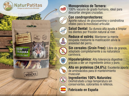 Snack Complementario de Tráquea de Ternera SIN CEREALES + SALUD DENTAL y CUIDADO ARTICULAR para Perro Junior/Adulto/Senior Tamaño Mediano/Grande/Gigante (también Esterilizado)