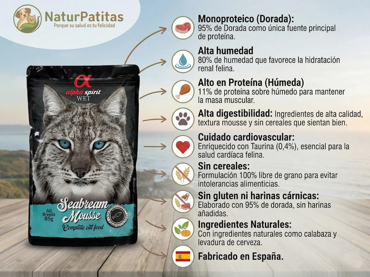 Infografía de NaturPatitas sobre la comida húmeda Alpha Spirit Mousse de Dorada para gatos, destacando sus beneficios: 95% monoproteico de pescado, sin cereales, alta hidratación, taurina y alta digestibilidad.