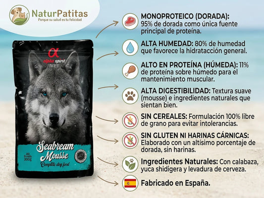 Infografía de producto de NaturPatitas para la comida húmeda Alpha Spirit Seabream Mousse (300g) para perros. La imagen muestra una bolsa de comida con la cara de un lobo y destaca 8 puntos clave mediante iconos y flechas: monoproteico (95% de dorada), alta humedad (80%), alta proteína húmeda (11%), alta digestibilidad (textura mousse), sin cereales, sin gluten ni harinas cárnicas, ingredientes naturales (calabaza, yuca, levadura de cerveza) y fabricado en España.