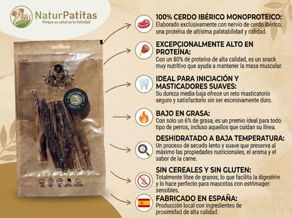 Snack Complementario Funcional Deshidratado de Nervio de Cerdo Ibérico  "SIN CEREALES + MASA MUSCULAR & SALUD DENTAL" para Perro Adulto/Senior tamaño Mini/Pequeño/Mediano