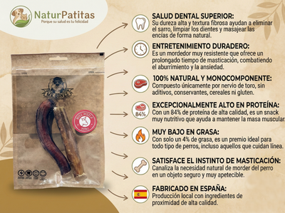 Snack Complementario Deshidratado de Nervio de Toro "SIN CEREALES + SALUD DENTAL & ENTRETENIMIENTO" para Perro Adulto/Senior tamaño Mediano/Grande